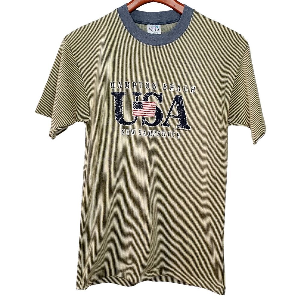 Vintage Mens Hampton Beach T Shirt M Ribbed Striped Tan Blue Cal Cru